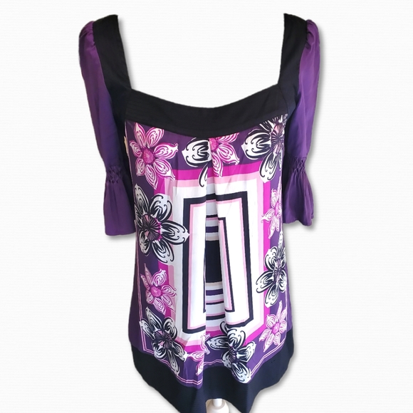 2B Bebe Purple Floral Mid Bell Sleeve Tie Back Square Neck Tunic Sz Small - Picture 2 of 8